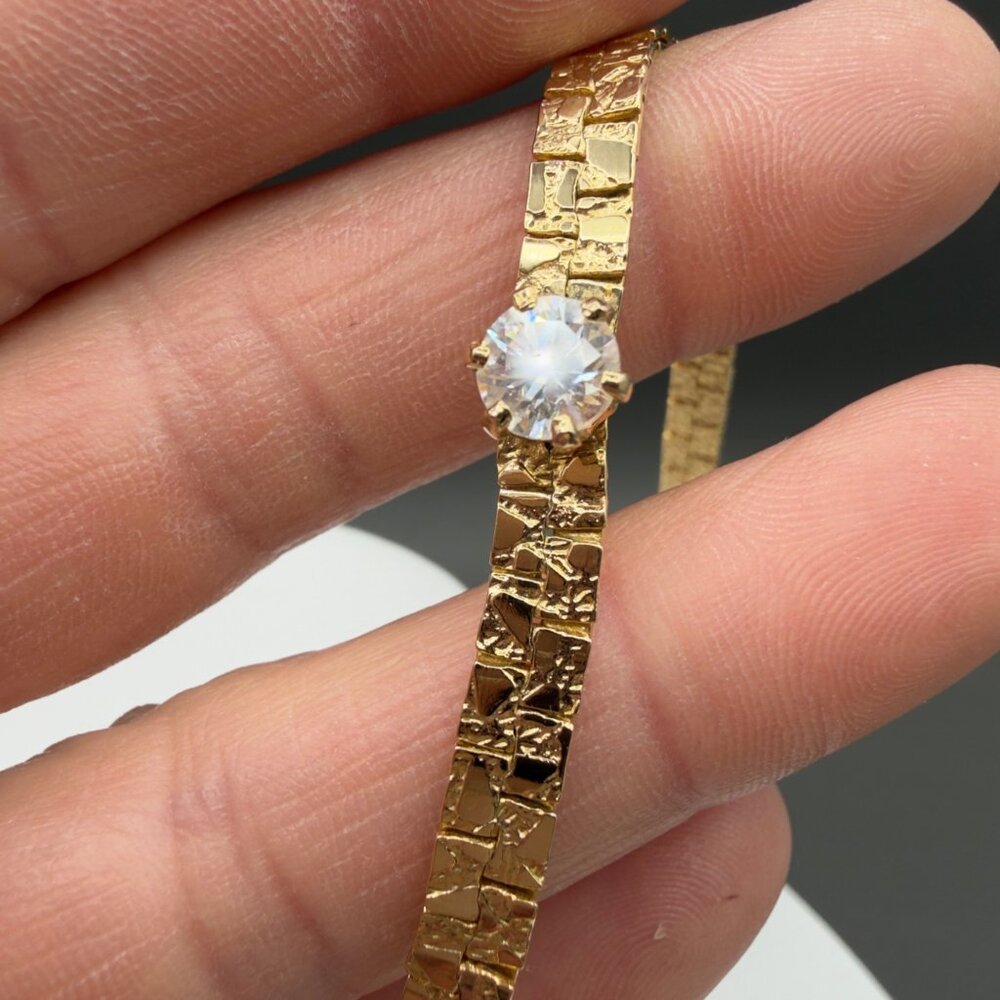 Vintage Gold Tone Textured Nugget Link Necklace Bracelet Set Crystal Accent - Picture 12 of 12